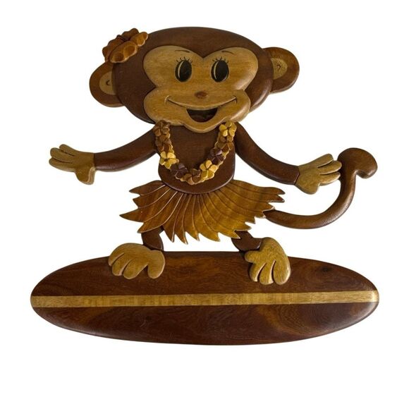 Hawaiian Monkey Hula Girl Big SurfBoard Handcrafted Wood Wall Hanging Art NWOT - Picture 3 of 6
